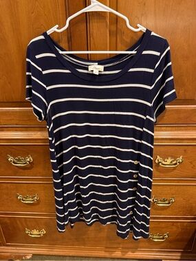 Navy and White Striped Scoop Neck tunic top.